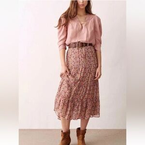 ba&sh Mondar Brown Floral Multi-color Print Tiered Midi Skirt Size Medium